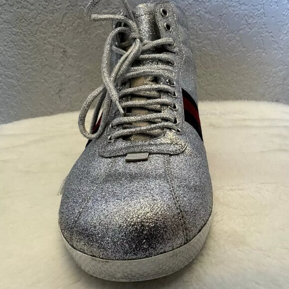 Gucci Sneakers Glitter Web Leather Silver Metallic High Top RARE Gucci 9, US 9.5 - Picture 8 of 10